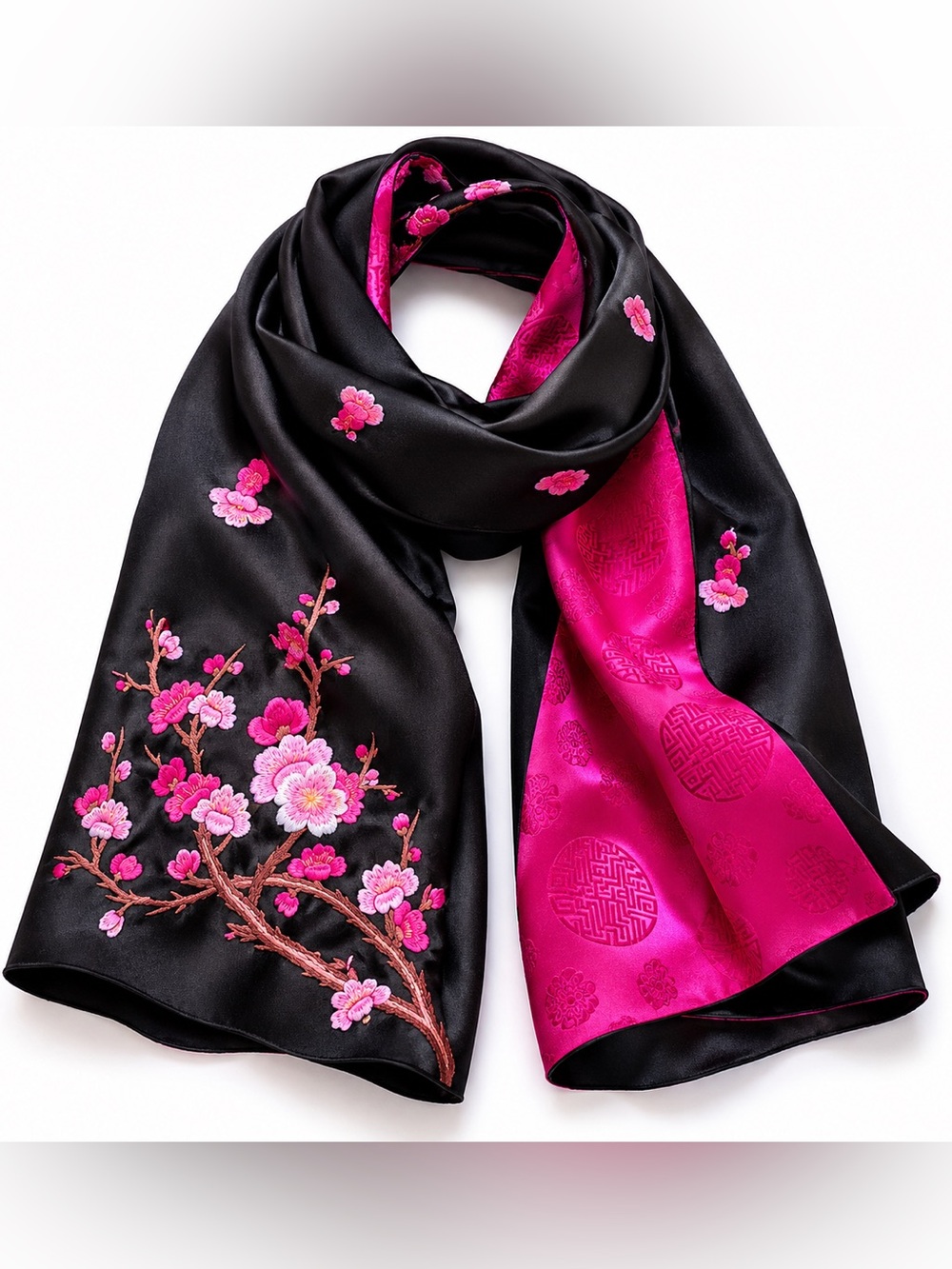 Handmade Suzhou Embroidered Silk Cherry Blossom Scarf